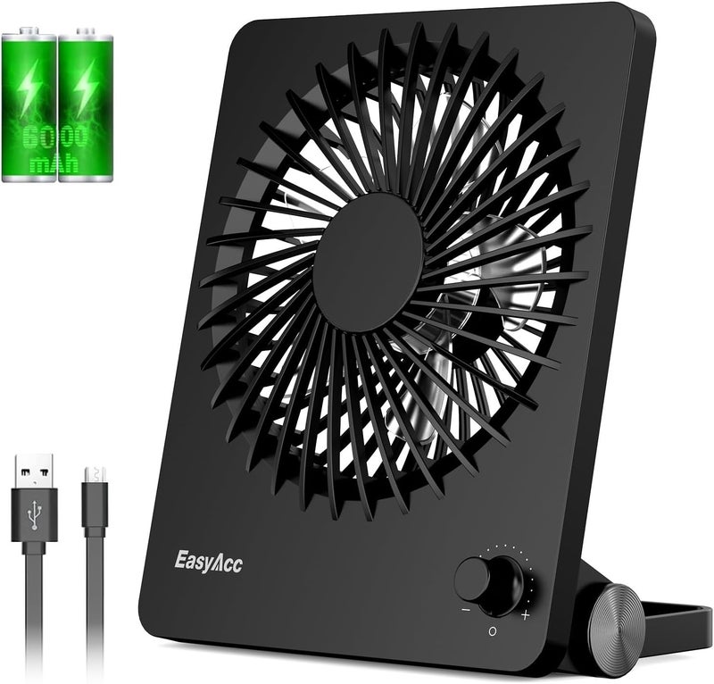 EasyAcc Powerful Desk Fan, 6000 Battery [Max 10-26H Working Time] Rechargeable Portable Personal Travel Fan with Step-less Speed Control, Quiet Fan for Travel Office Home Cruise Sporting Events - Image 1